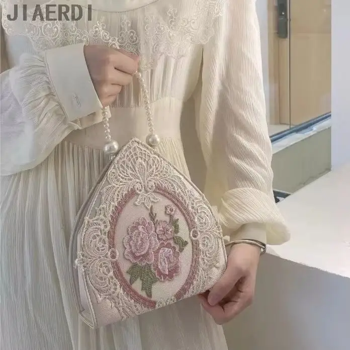 

French Style Top-Handle Lace Elegant Pearl Purse Womens Retro Floral Embroidery Shoulder Bags Ladies Gentle Harajuku Hand Bags