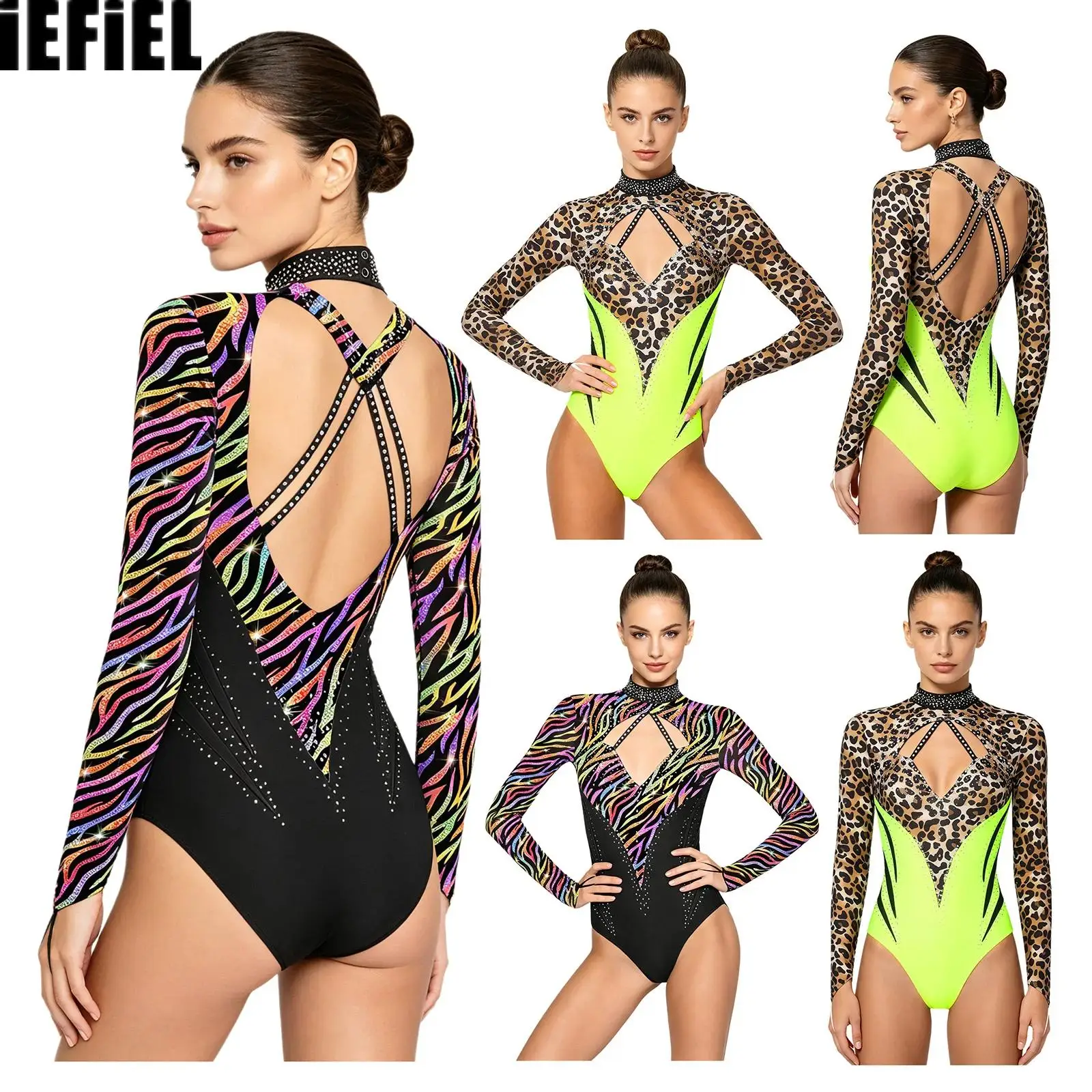 Women Gymnastics Jumpsuit Sparkly Rhinestones Leotard Front Cutout Backless Long Sleeve Buttoned Crotch Bodysuit for Dance
