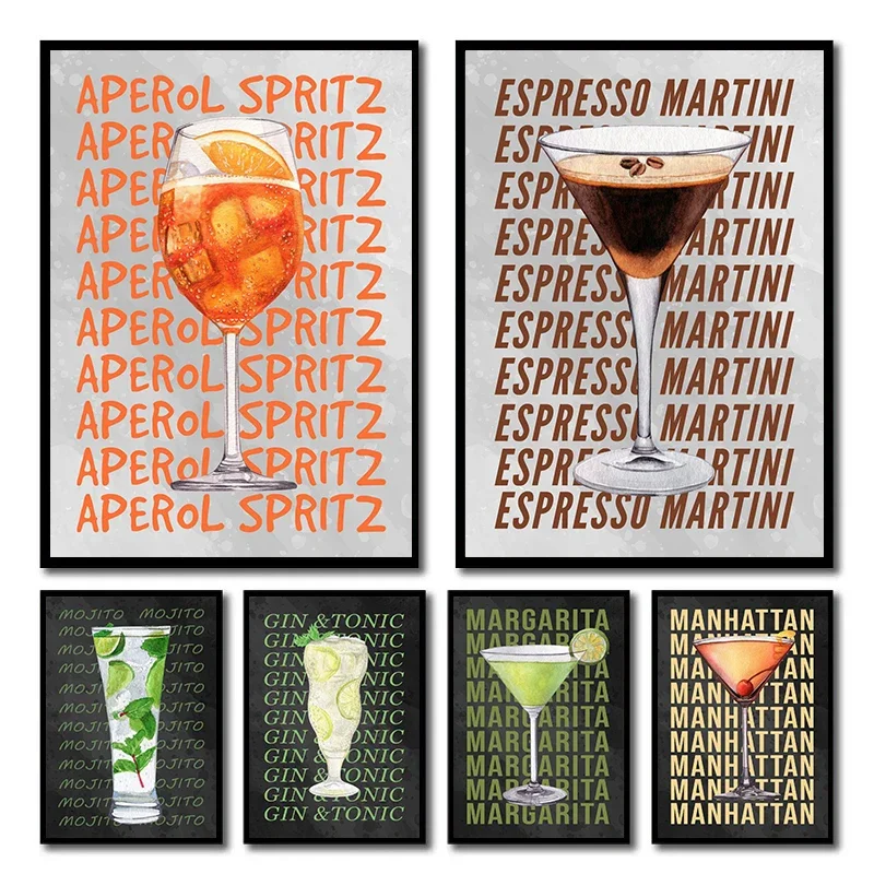 Aperol Spritz Gin and Tonic Espresso Martini Mojito Cocktails Font Art Poster Diamond Printing Wall Art Picture Bar Club Decor