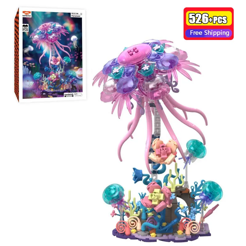 

Building Blocks Jellyfish Model 526PCS Deep-Sea Animal With Flower Base Stand DIY Bricks Girls Room Decor Educational Toys Gifts