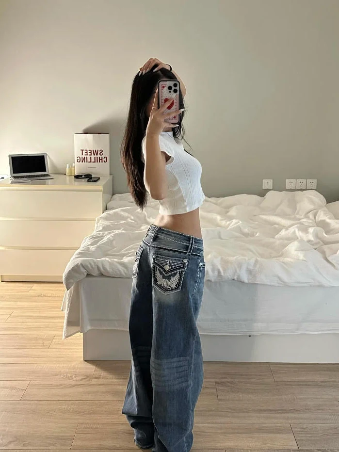 

Retro Washed Low Waist Embroidered Rhinestone Jeans Women's High Waist Slimming Loose Floor-Length Straight Leg Pants