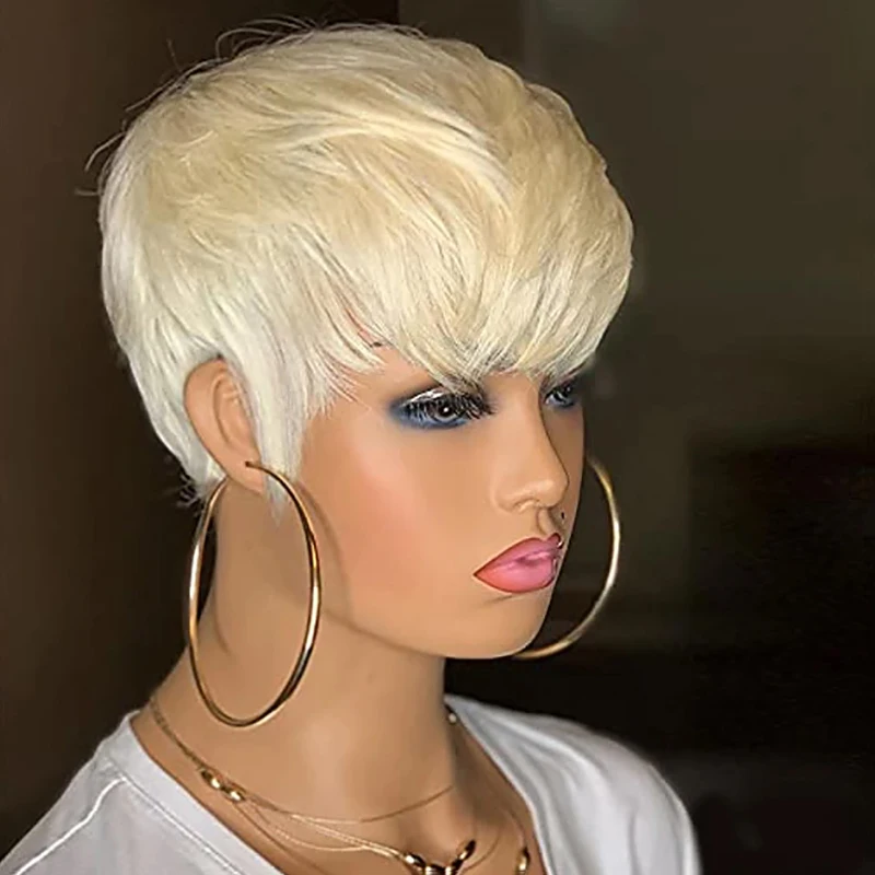 Honey Blonde Glod 613# Cheap Synthetic Short Hair Pixie Cut Straight With Bangs Style Machine Made No Glue Wigs For Women