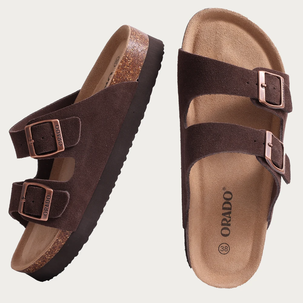 Comwarm Fashion Cork Sandals Women Summer Flats Sandals With Arch Support Open Toe House Slippers Adjustable Buckle Beach Sandal