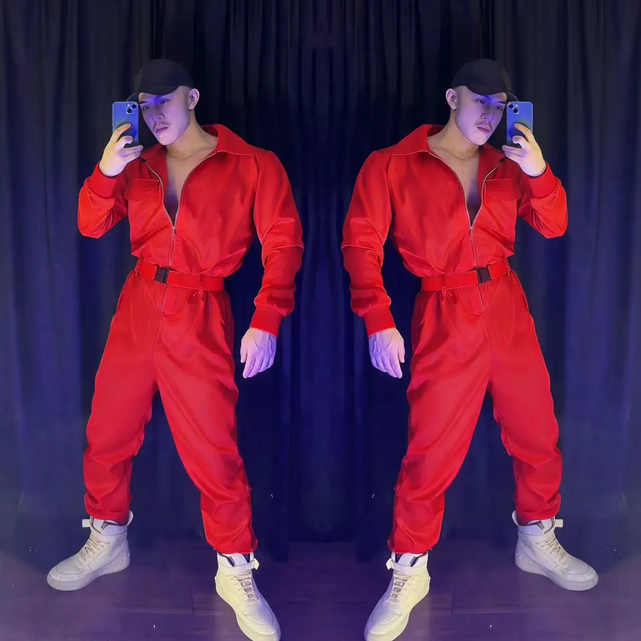 

Рождественские и новогодние костюмы для косплея, мужские красные комбинезоны, сценический наряд, бар, ночной клуб, костюмы для выступлений Gogo