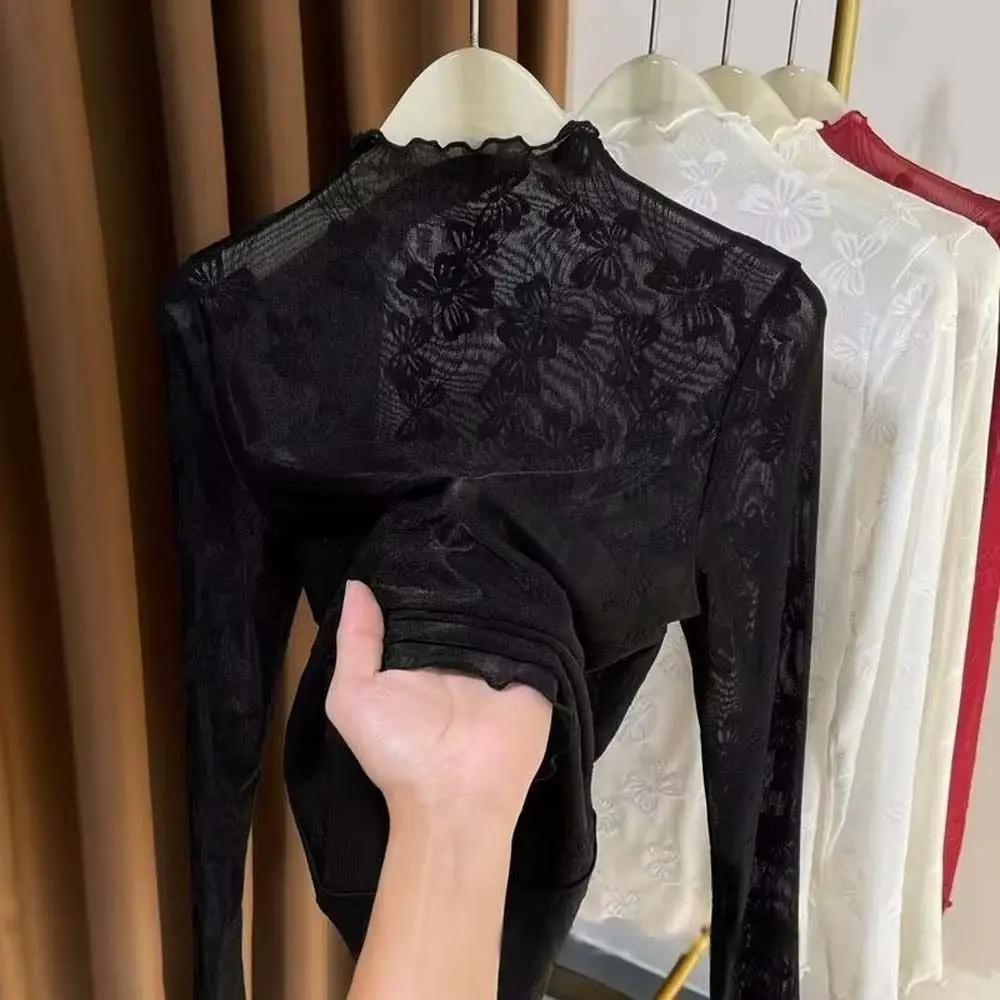 Hollow Out Lace Bottomed Blouse Bowknot Half High Collar Bow Flower Mesh Shirt Long Sleeve Blouses Lace See Through Tops