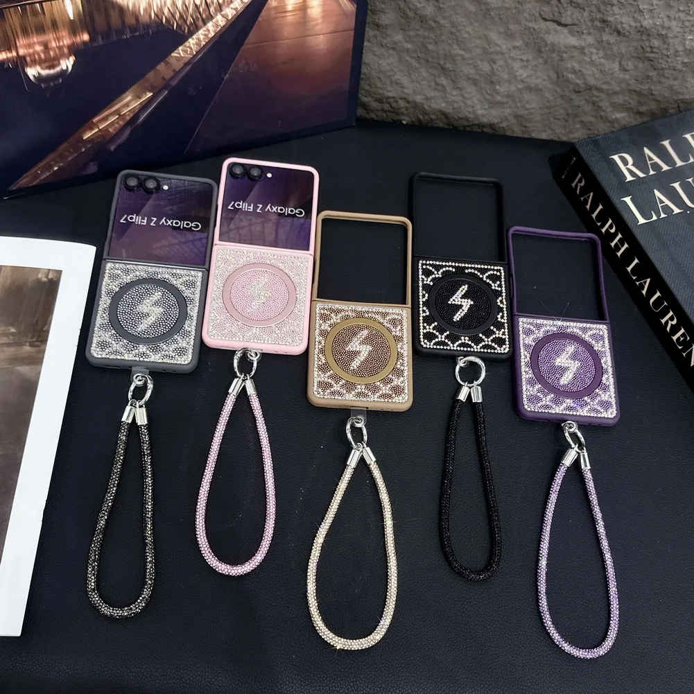 Shiny Bling Glitter Wrist Strap Magnetic Case Shockproof For MagSafe Wireless Charging Cover For Samsung Galaxy Z Flip 7 6 5