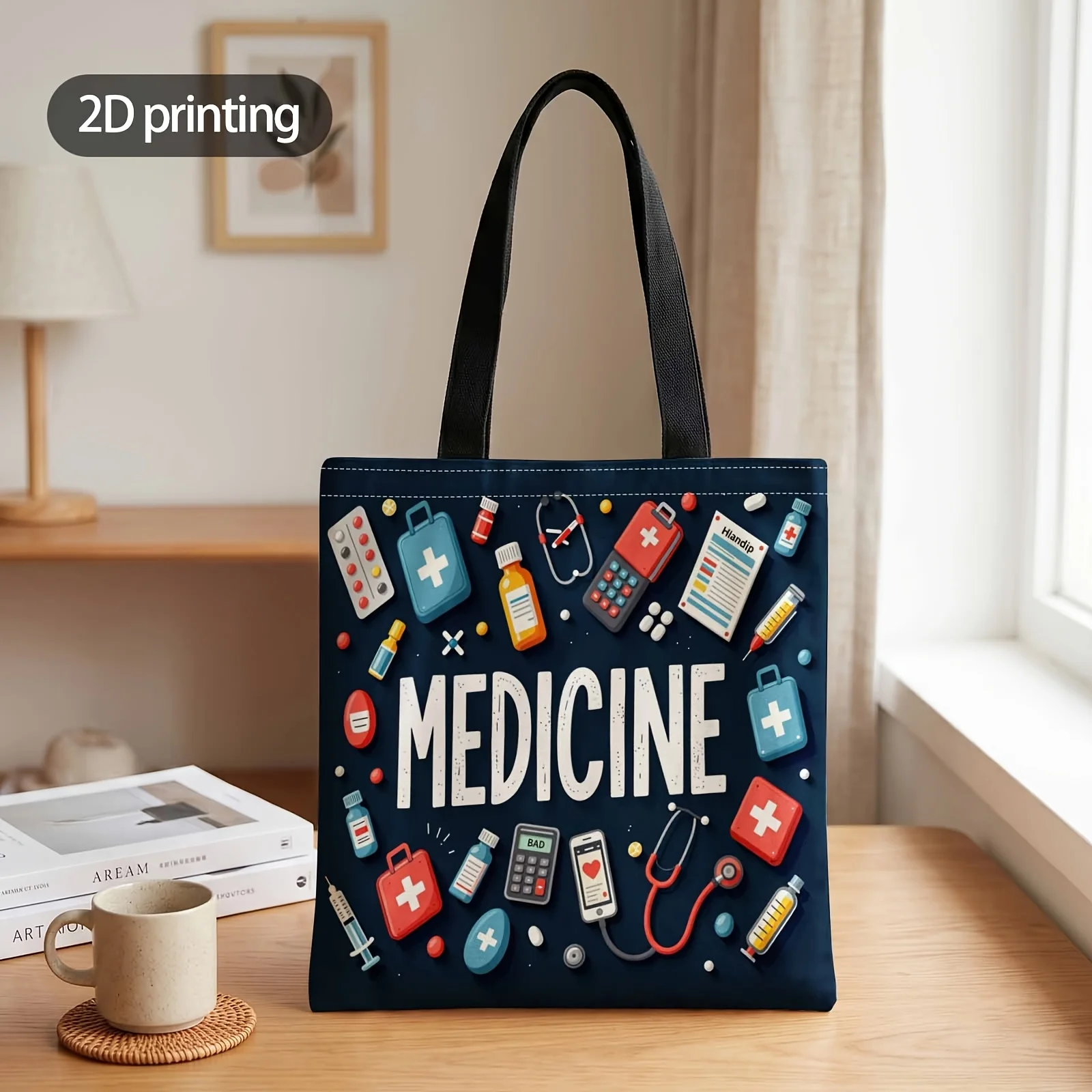 1pc 2D Printed Handbag with Health Care Heroes Pattern, Reusable Fashion Shoulder Bag Handbag Shopping Tote Bag Suitable for Sho