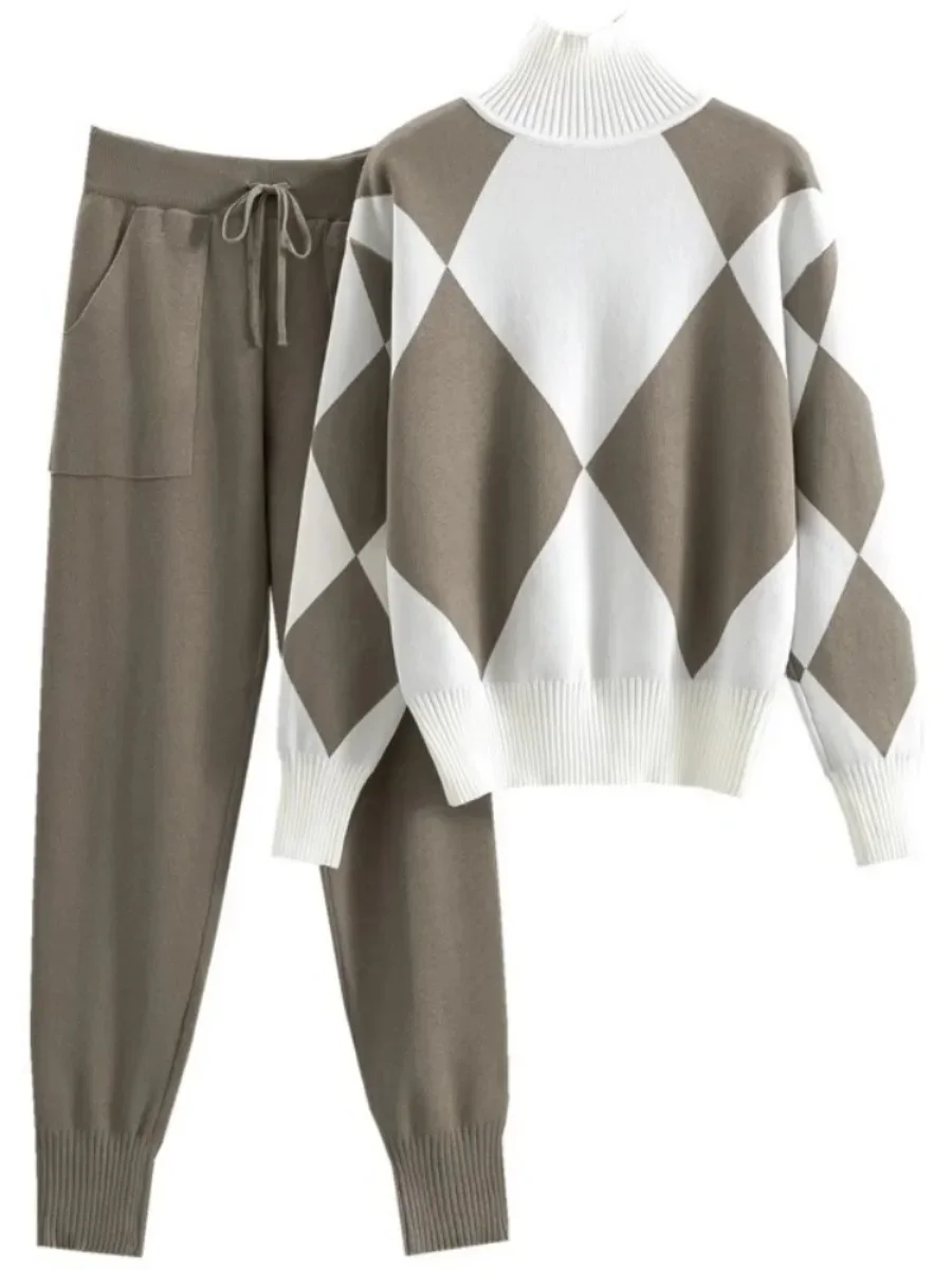 Women Knit Sweater Autumn Winter Two Piece Set Pant Sets Matching Sets Splice Trousers Thick Pants Pullover Mom Elegant Work