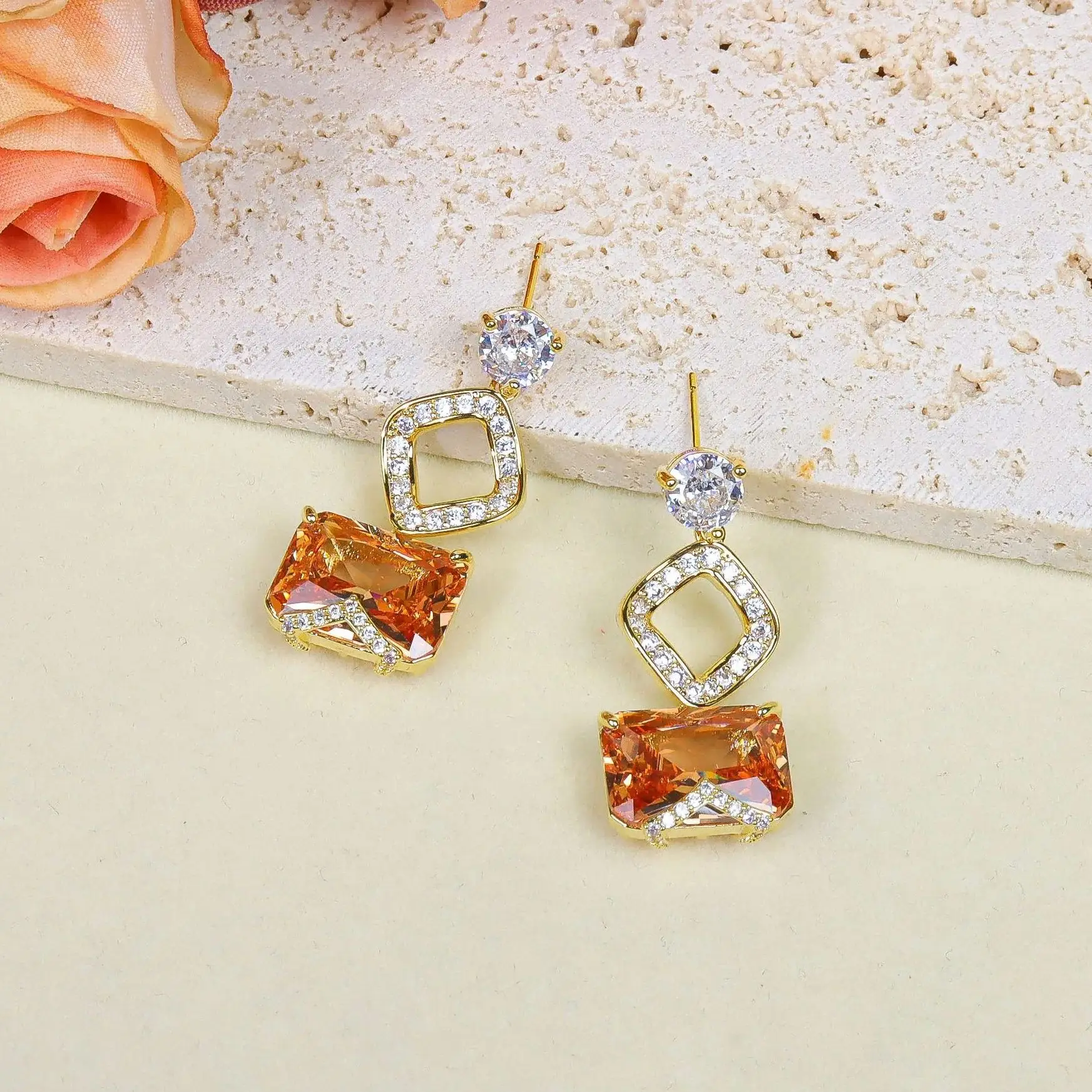 

Gold Plated Orange Crystal Drop Earrings for Women, Luxury Square Cut Dangle Earrings Wedding Party Jewelry Gift