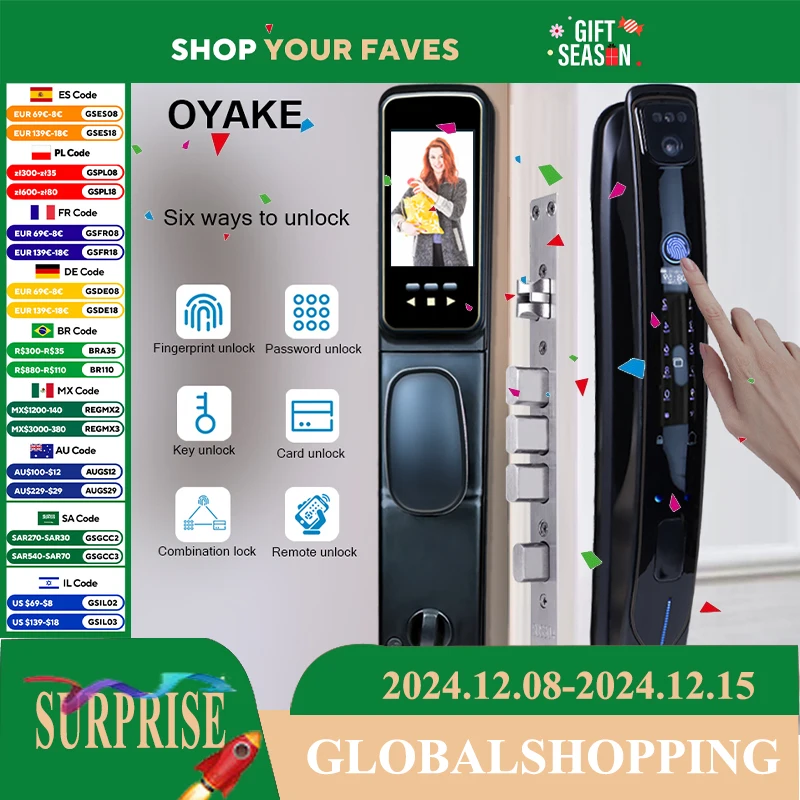 Smart Fully Automatic Door Lock Electronic Peephole Biometric Fingerprint Password Card Key Unlock U Smart Go Remote Control