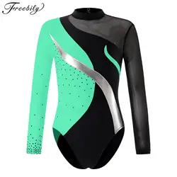 Kids Long Sleeve Gymnastics Bodysuit for Girls Patchwork Figure Skating Jumpsuit Yoga Dancewear Children Ballet Dance Leotards