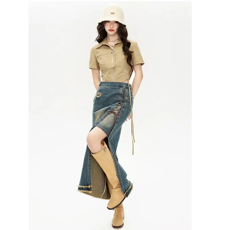 Irregular Straps Rough Edge Denim Skirt Women's Retro High Waist Spice Girl Hip Wrap Skirt