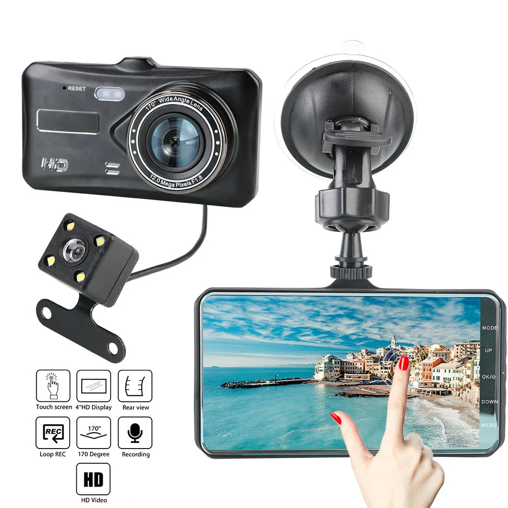 

WDR Auto Accessories Dual Lens Auto DashCam Dash Cam Car DVR 4" HD 1080P Video Recorder Camera Touch Screen