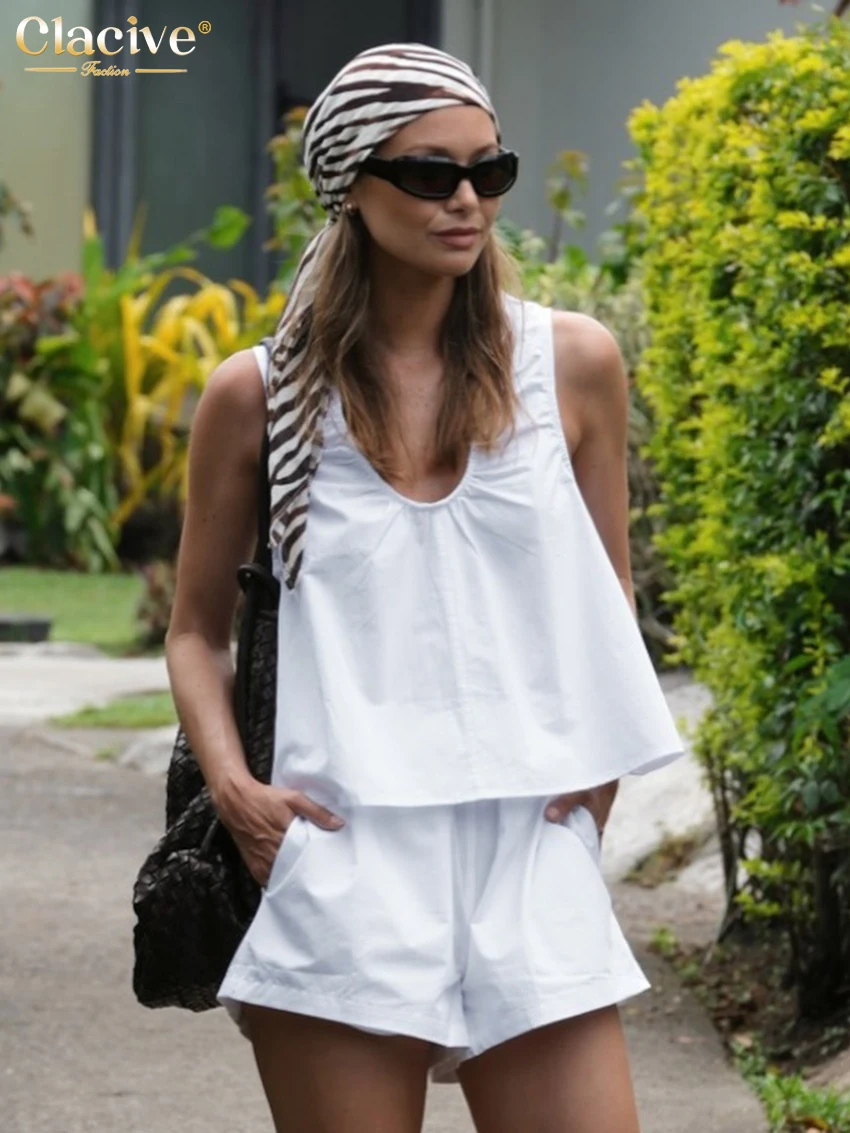 

Clacive Summer Loose White Cotton Shorts Set 2 Piece Woman 2026 Fashion Sleeveless Tank Top With High Waist Shorts Set Female