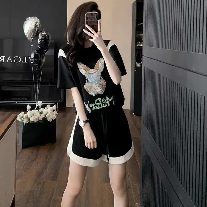 Mode Diamanten Sportpak Dames Zomer Eenvoud Kantoor Dame T-shirt met korte mouwen All-match Casual Shorts Tweedelige set