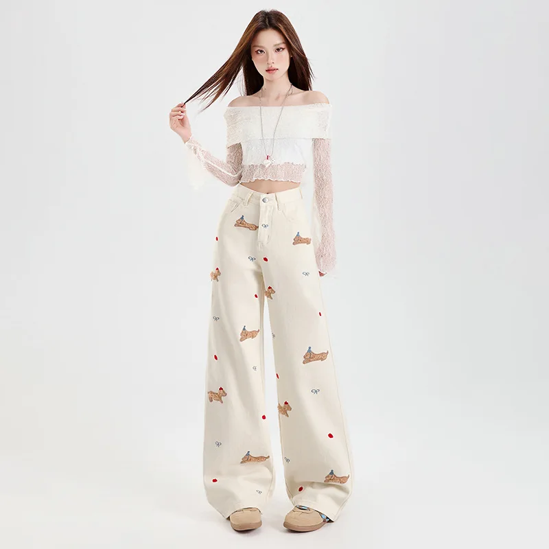 

Thickened Fleece Women's Jeans High Waist Wide Leg Straight Cut Embroidery Slimming Floor-Length Pants Youthful Versatile