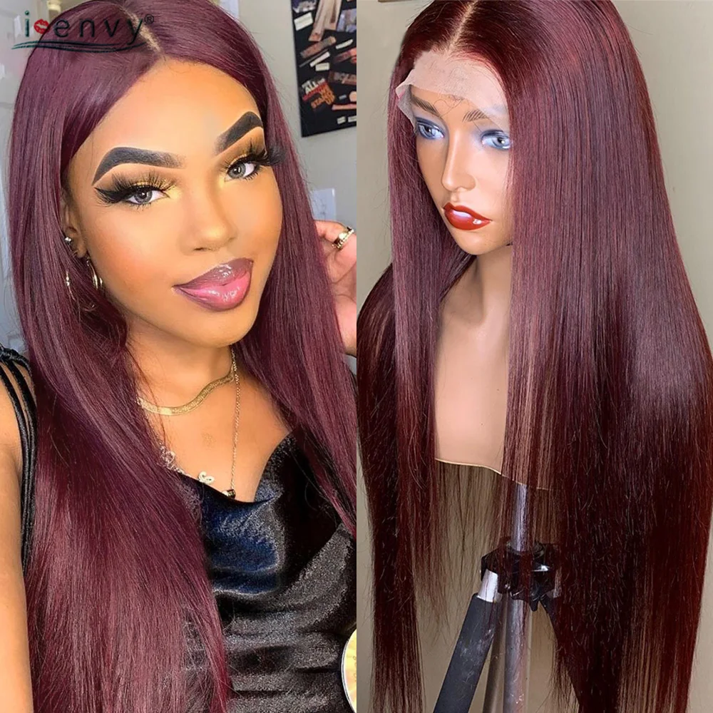 99J Lace Front Human Hair Wigs Wear & Go Gluelsss Straight Lace Front Wig Burgundy 13X1 Middle Part Colored Red Lace Front Wigs