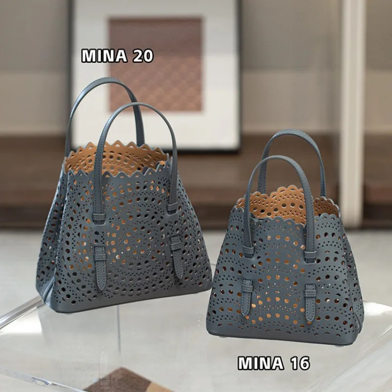 

New Tote Bag French Cowhide Handmade Bag Niche Laser Engraved Hollow Leather Vegetable Basket Bag Casual Versatile Temperament
