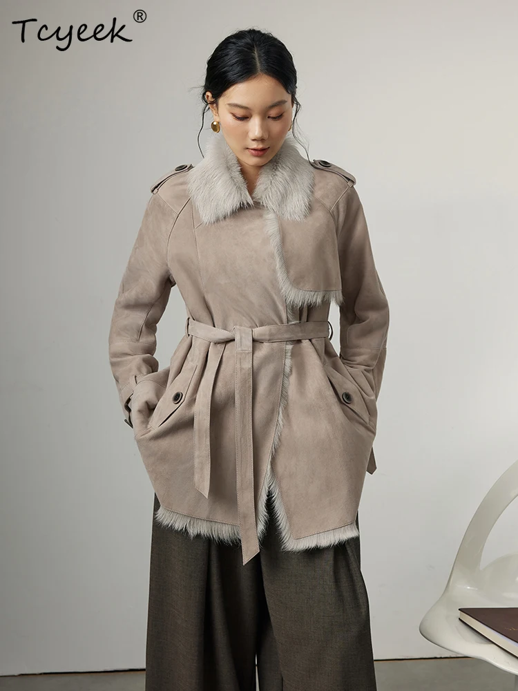 Tcyeek Real Wool Autumn Winter High End Trendy Cream Grey Medium Length Women's Lamb Wool Shearling Fur Coat Fourrures Femme