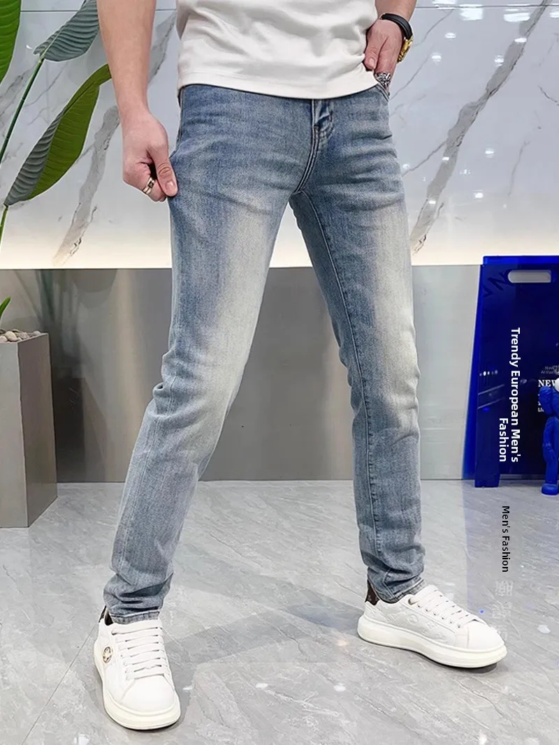 

Light Blue Men's Slim Fit Elastic Pure Color Jeans Spring Summer New Sle Versatile Casual Long Pants Breathable Comfortable