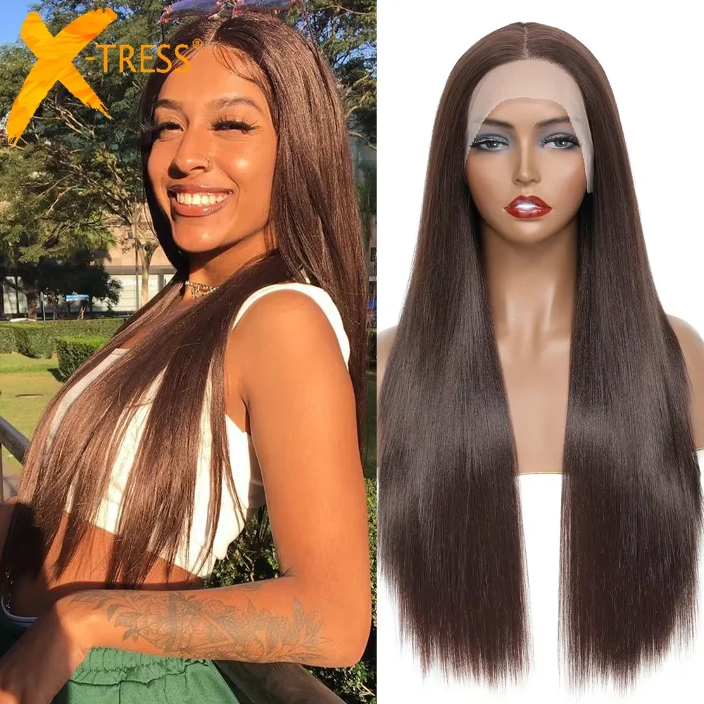 

Синтетические парики Yaki Straight с естественной линией роста волос X-TRESS, светло-коричневого цвета, длинные, многослойные, с кружевной передней частью, для чернокожих женщин.