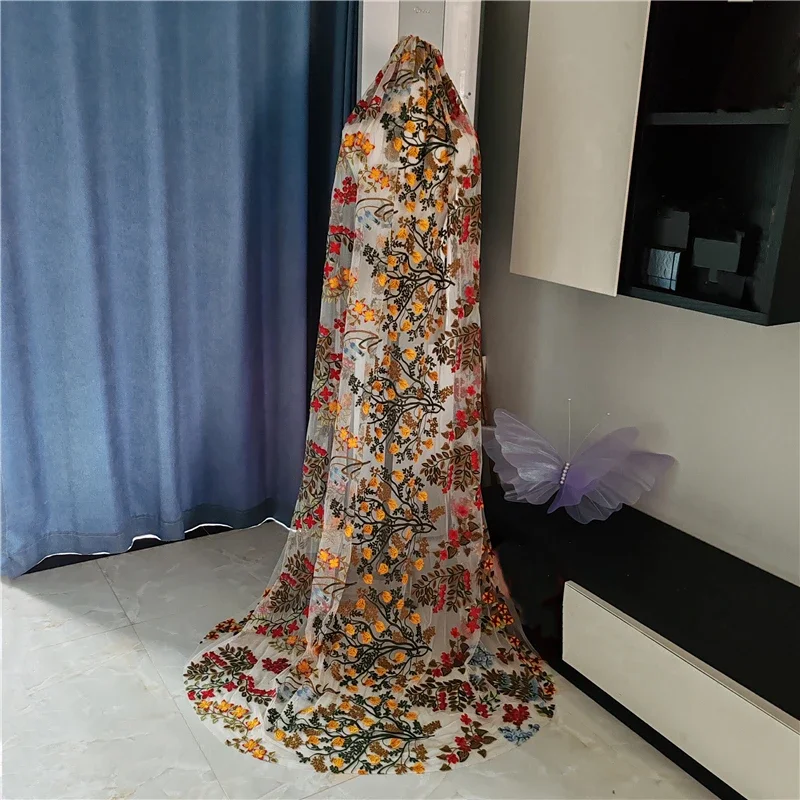 

Embroidered Lace Wedding Veil with Comb for Patients Colorful Flowers, Sulphur Flowers, Red, Yellow, Green Leaves,Cathedral