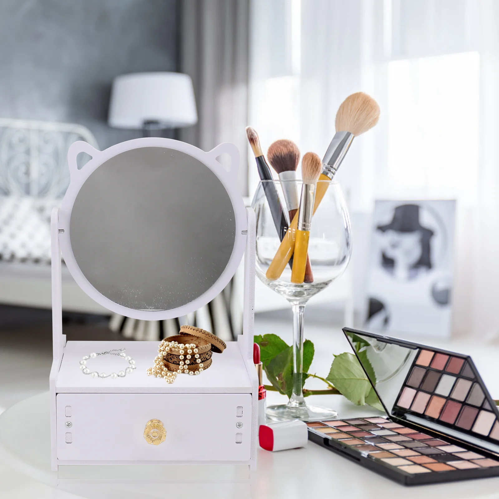 Make-upspiegel opbergdoos meisje desktop roterende 360 graden ladestijl helder glad oppervlak make-upspiegel
