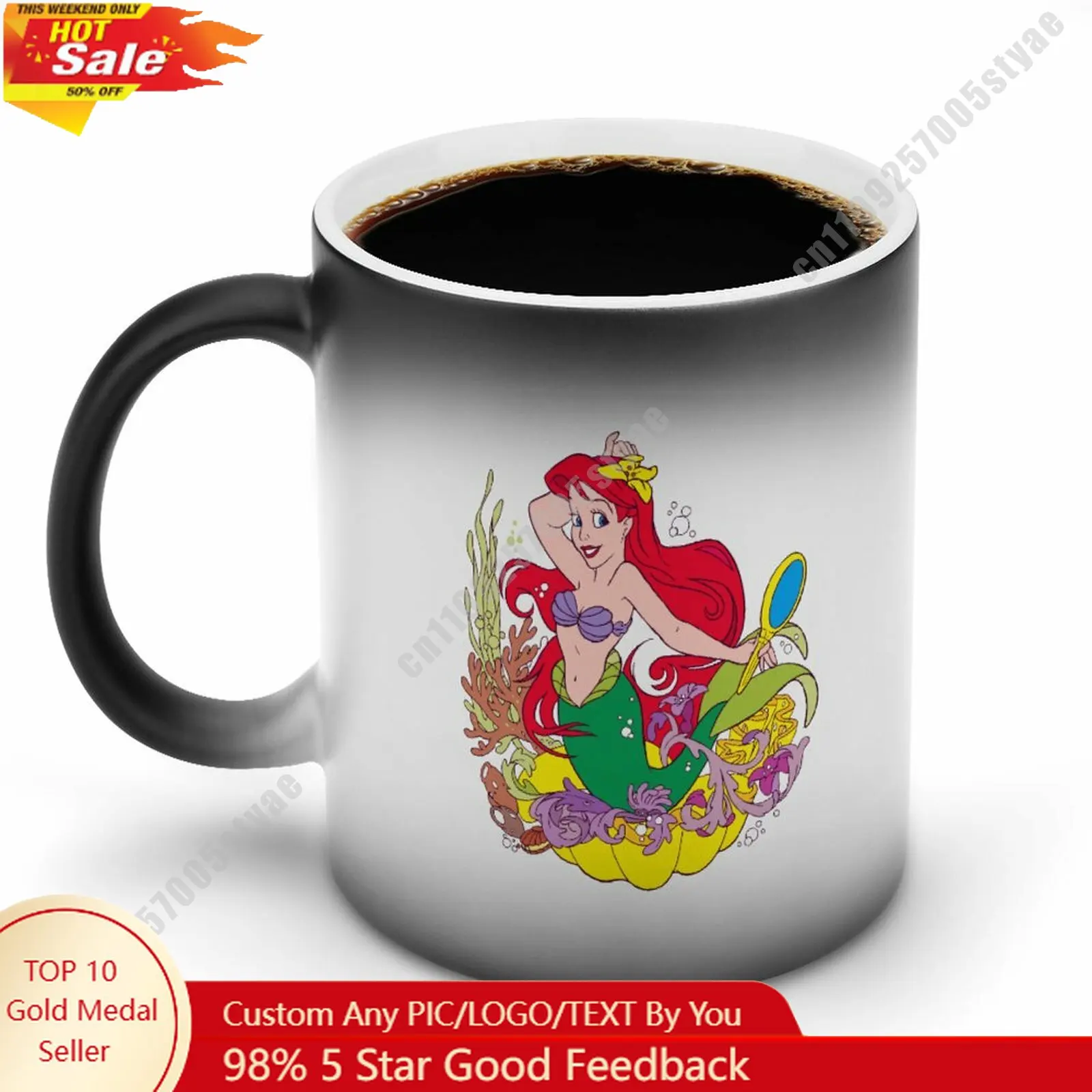 

Кружка-хамелеон Ариэль, с персонализированной печатью фото по индивидуальному заказу, керамическая кружка для кофе, подарок на день рождения, мультфильм Дисней