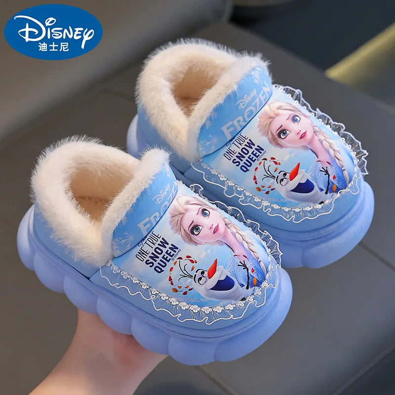 

2025 Disney Elsa Winter Slippers | Waterproof PU Fur-Lined, Girls Plush House Shoes