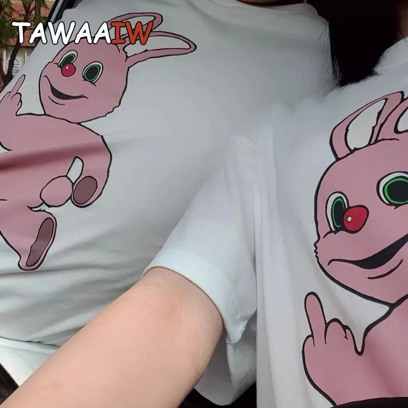 Tawaaiw American Retro Loose 100% Cotton Couple Print Rabbit T Shirt Women Bestie Tshirts Korean Fashion Graphic Tee Shirt Femme