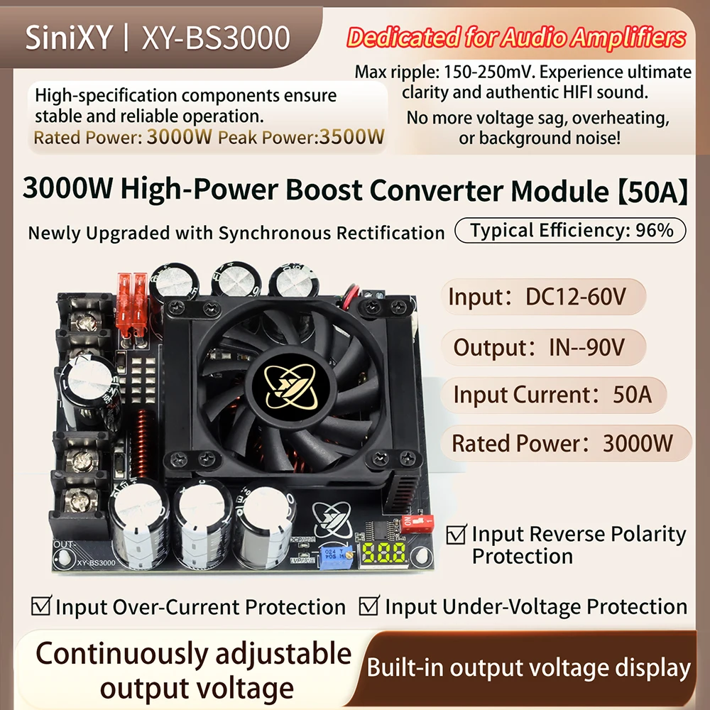 Low Ripple 3000W DC Boost Power Supply 50A High Power Low Noise Step-Up Adjustable Converter Module Dedicated for Audio Cool Fan