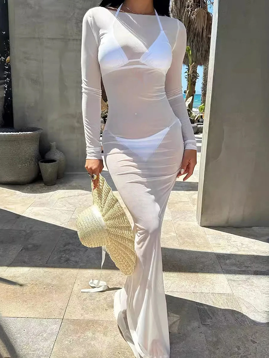 فستان نسائي بقماش شفاف بلون سادة ورقبة قارب وأكمام طويلة فستان طويل شفاف من خلال فساتين غطاء نادي الشاطئ المثير