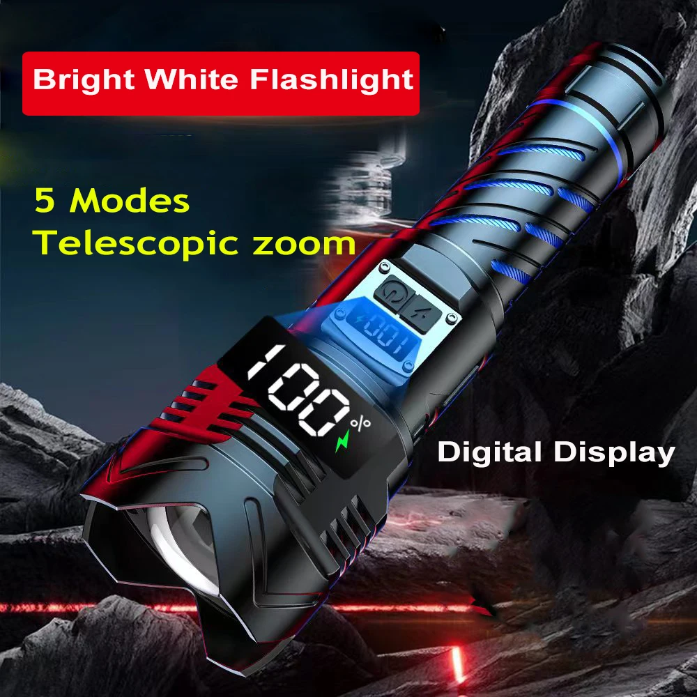 High Strong Power Digital Display LED Flashlight Telescopic Emergency Spotlights 5 Modes Tactical Outdoor Camping Fishing