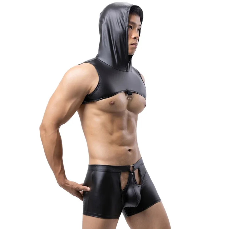 2XL Exotic Mens Hooded Chest Harness Boxer Shorts Teddies PU Leather Crop Tops Panties Trunks Gay Latex Nightclub Vest Shorts