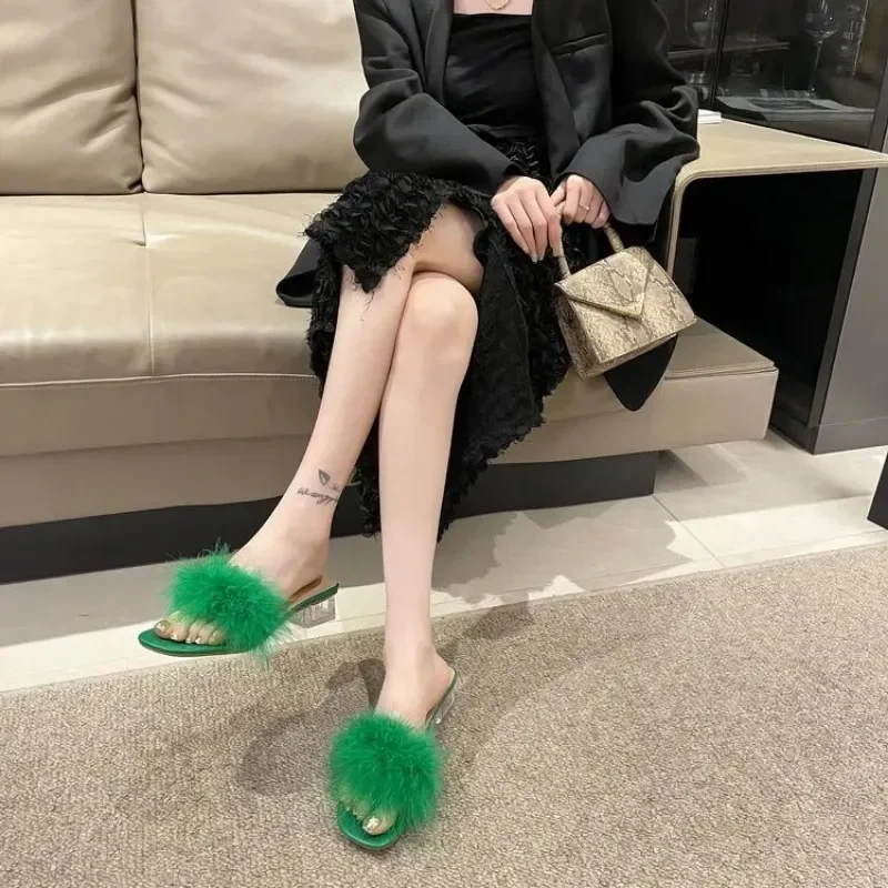 2024 New Summer Shallow Mouth Square Toe Leaky Toe Square Root Slippers Outdoor Sexy Elegant Fashion Solid Color Women's Sandals