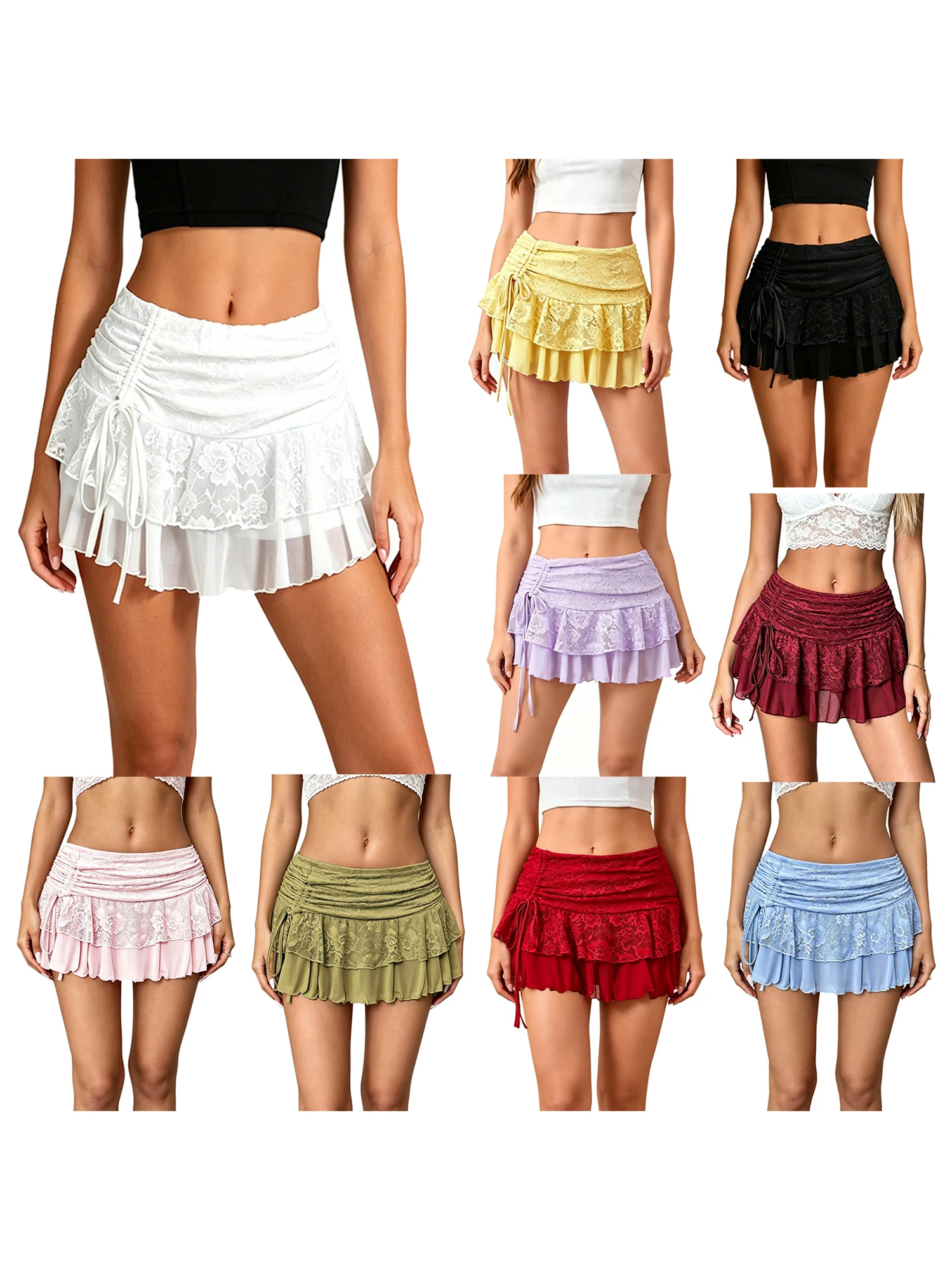 Drawstring Going Waist Side Womens Mini Skirt Skirt Lace Floral Lace-Floral-Tiered Out Floral Tiered Ruffle Womens Latest