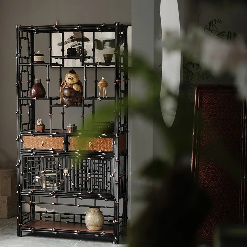 Chinese bamboo Bogu shelf, bookshelf handmade Chinese shelf, multi-layer storage rack tea set storage cabinet with drawers