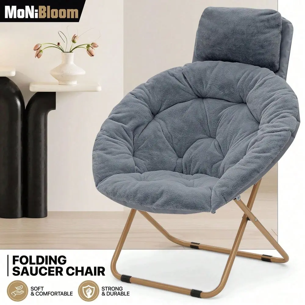 

Folding Faux Fur Saucer Chair With Removable Headrest For Adults Metal Frame Oversized Large Comfy Soft Lounge Lazy Cozy Moon C