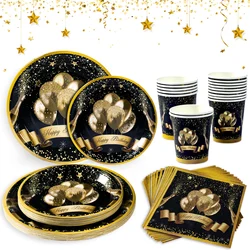 Stoviglie di compleanno in oro nero Happy 30 40 50 anni decorazioni per feste di compleanno piatto di carta tazza forniture per feste di compleanno