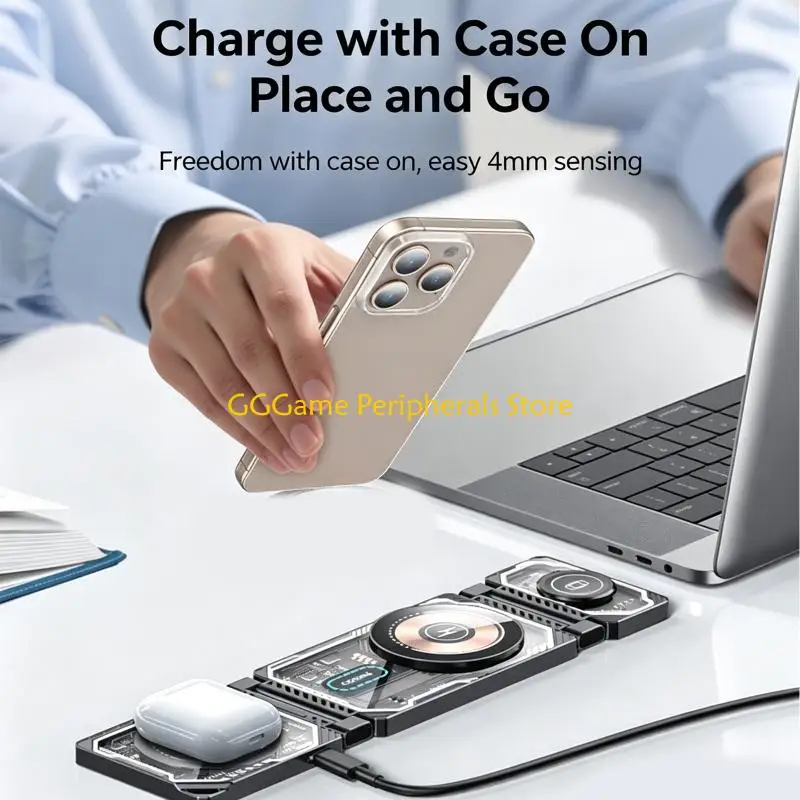 U55B 3 in 1 Wireless Charging Station with Foldable Stand, Three Device Power Dock for Phone Watch Buds, Desk Use and Bedside