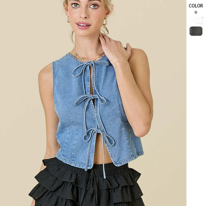 

Trendy Casual Denim Vest Women's Faion Knot Top ort Cotton Padded Other Sle Other Material Summer 2025 Pure Color