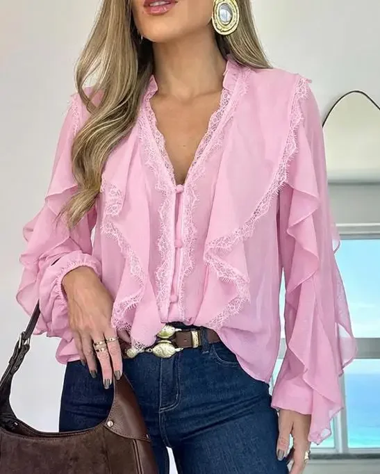Female Fashion Shirt V-Neck Long Sleeve Button Front Eyelash Lace Spliced Blouse Women's Casual Ruffles Patchwork Semi-Sheer Top