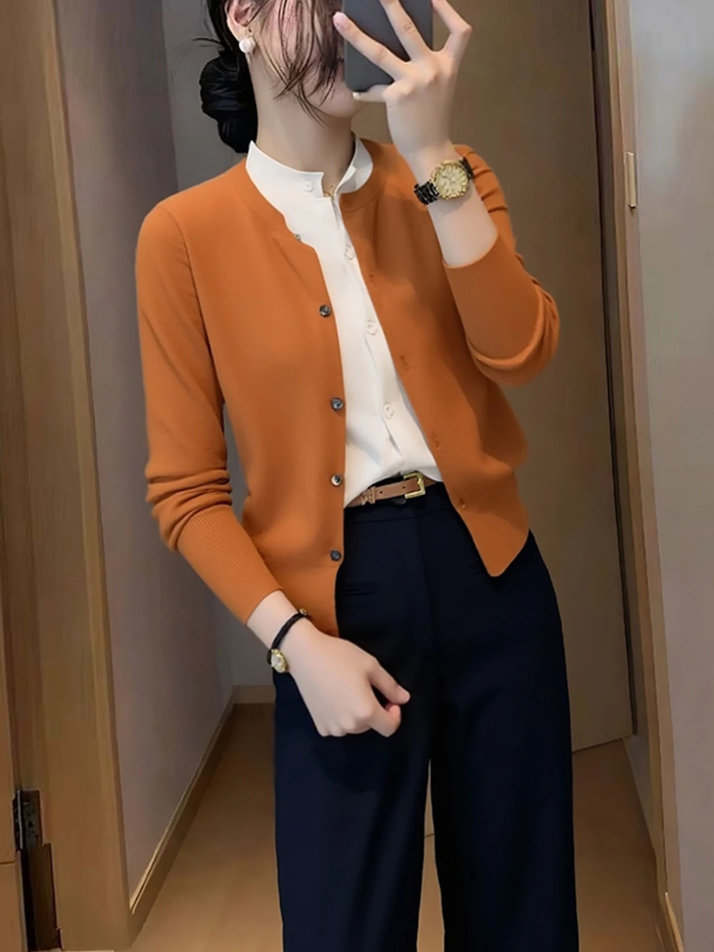 عارضة فضفاضة المرأة محبوك قبعة قطعتين اللون بلو سترة الخريف تخفيف Sle طويلة Sve جولة Ne المفتوحة سترة #3