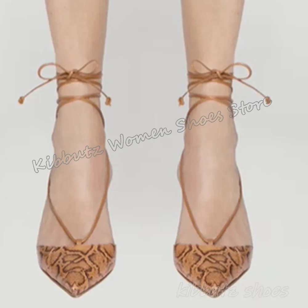 Leopard Lace-Up Pumps Leather Mixed Color Luxury Sexy Fashion Elegant Concise Summer Women Shoes Newest Pointed Toe Kitten Heels