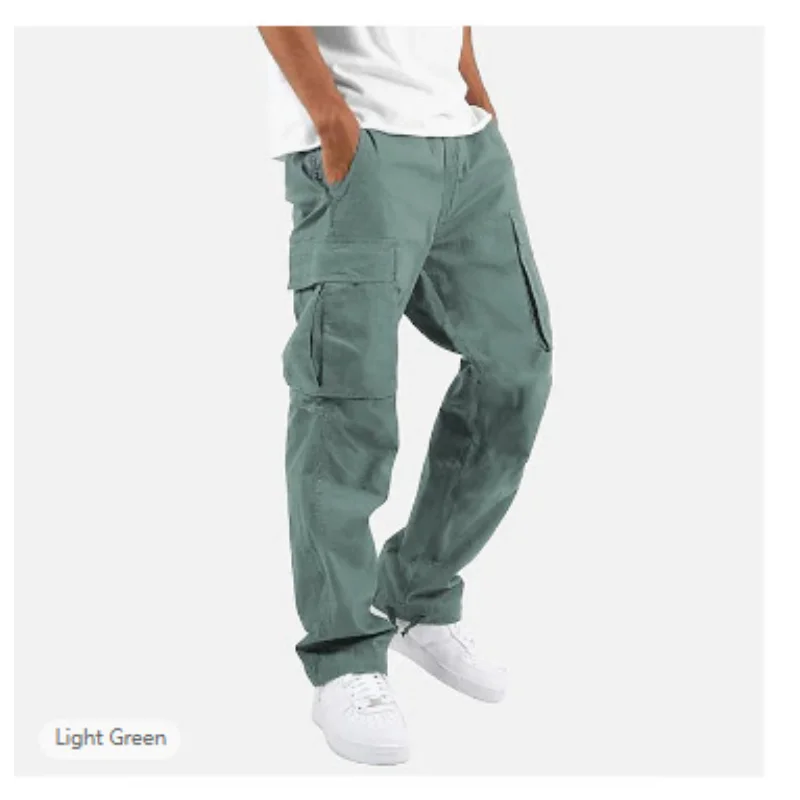 2024 summer new cotton men\'s cargo pants drawstring casual fashion cargo pants men\'s side multi-pocket casual pants