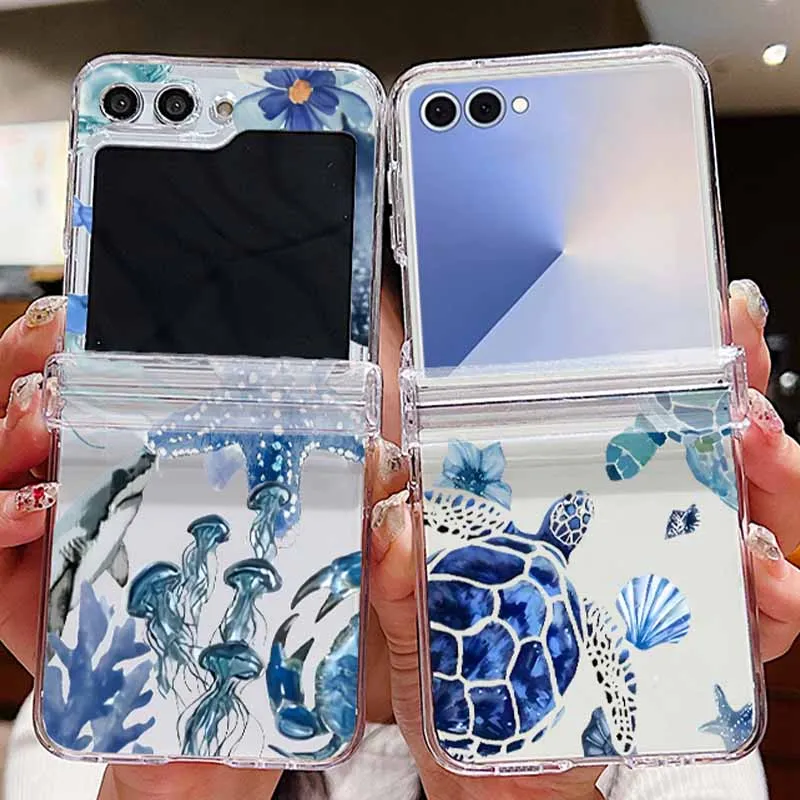 Quallen-Schildkröten-Muster-Handyhülle für Samsung Galaxy Z Flip 7, 6, 5, 4, 3, 5G, klare Klapphülle für Samsung Z Flip7FE Flip6 Flip5