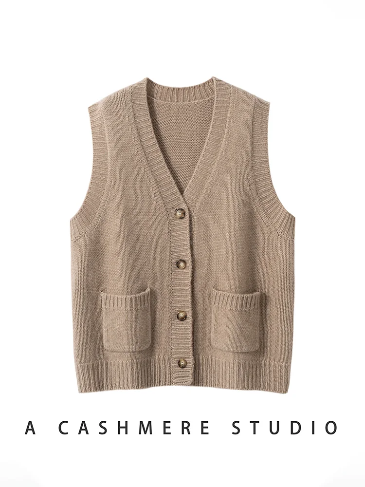

2025 New Women100% Cashmere Waistcoat V-Neck Single Breasted Sleeveless Autumn Winter Thick Pocked Design Cashmere Knitwear Tops