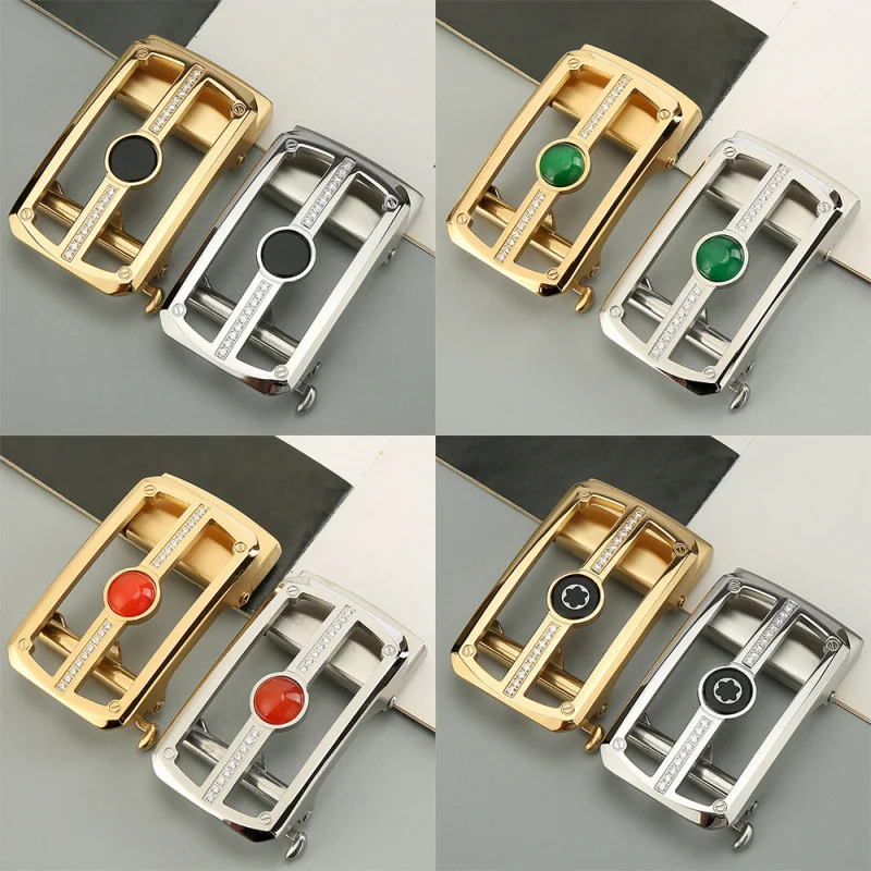 

3.5cm Stainless Steel Automatic Buckle Belt for Men - Jade & Crystal Inlaid, Premium Dress/Casual Waistband, Fits 3.5cm Leather