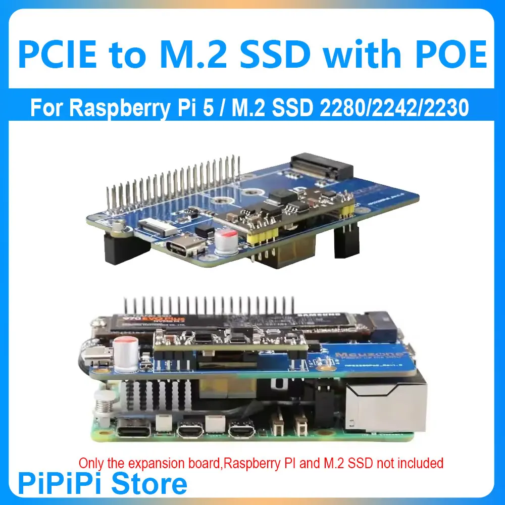 

Raspberry Pi 5 PCIe to M.2 NVMe SSD Expansion board With POE Power Supply Module support Size 2280 2242 2230