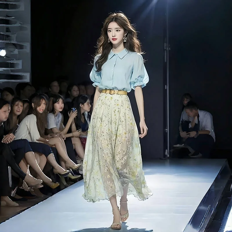 

Синий комплект irt и юбка с цветочным принтом, летний модный дизайн, уникальный женский ансамбль Faion для молодежи, состоящий из двух предметов